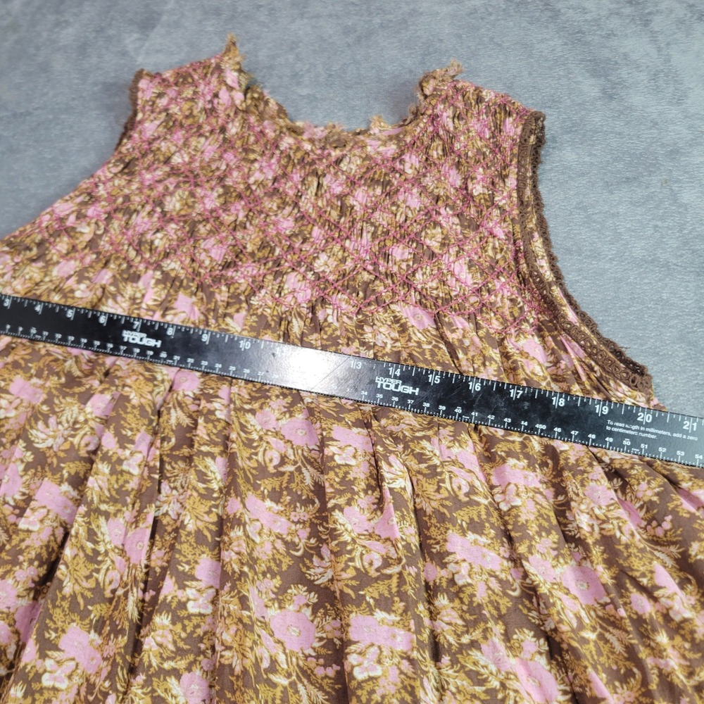 Free People Tunic Women Large Brown Pink Floral Smock Lace Trim Boho Mini Dress - Picture 4 of 13